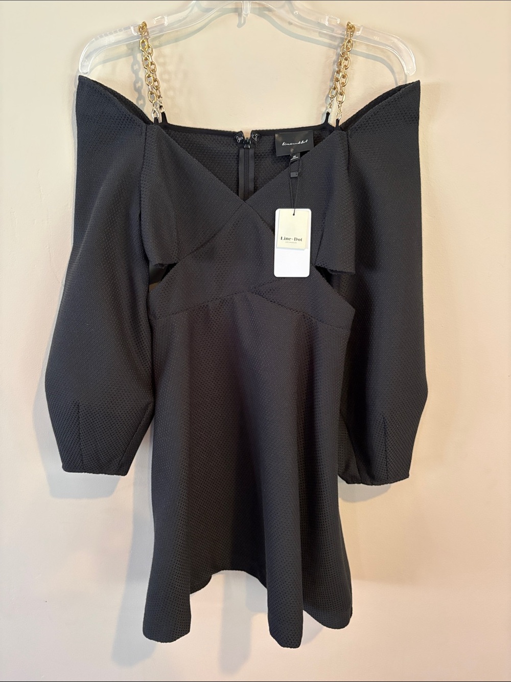 Line & Dot Black Textured Off-Shoulder Dress with Chain Straps